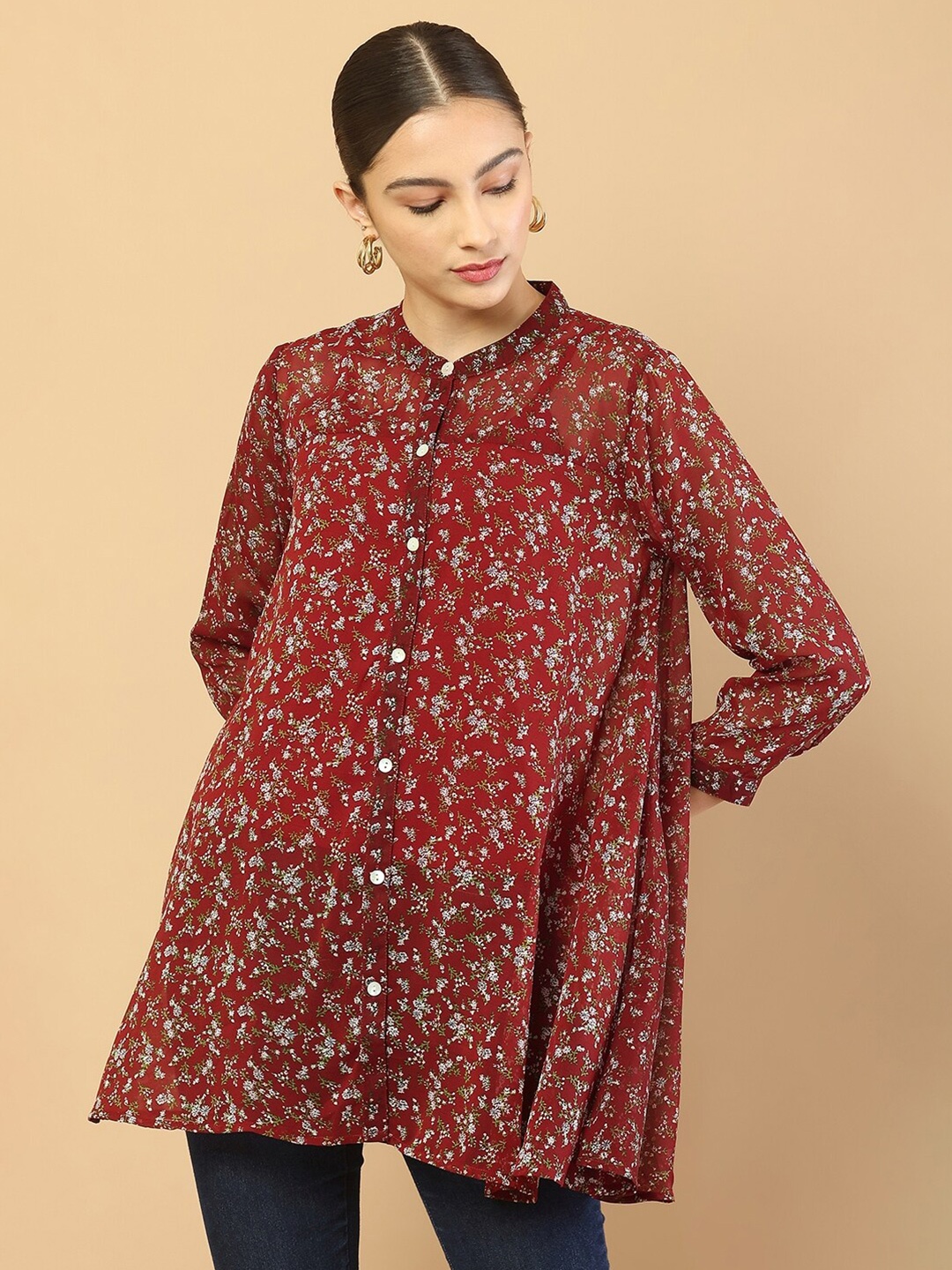 

Soch Women Maroon & Green Mandarin Collar Printed Tunic