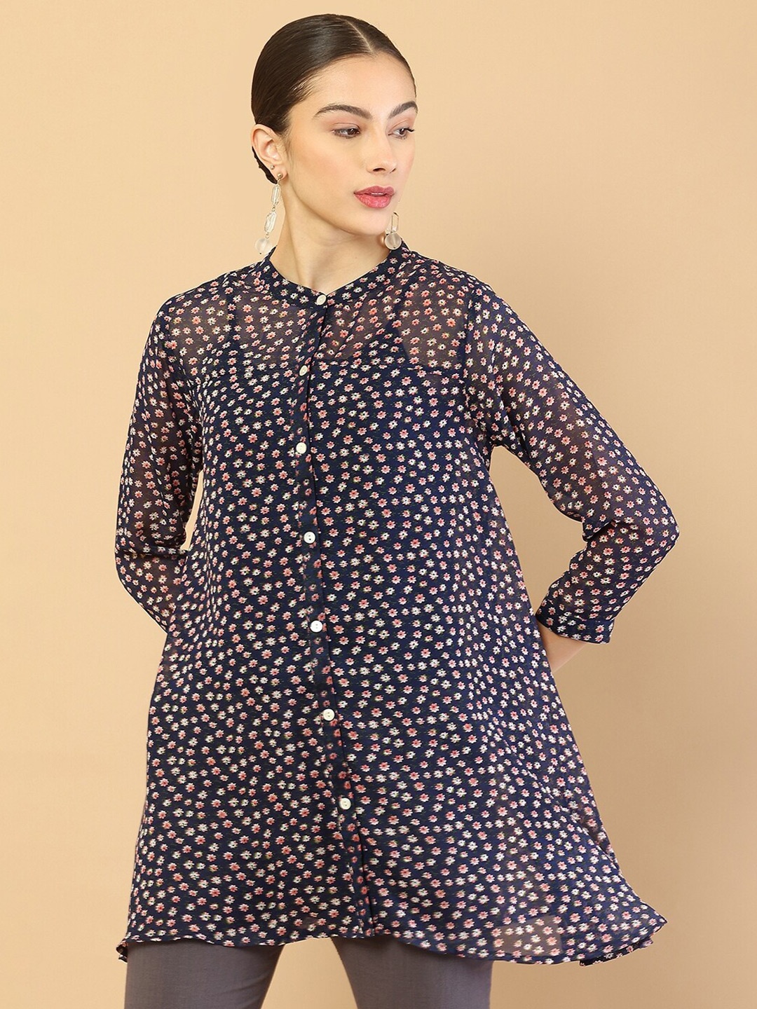 

Soch Blue & White Mandarin Collar Floral Printed Tunic
