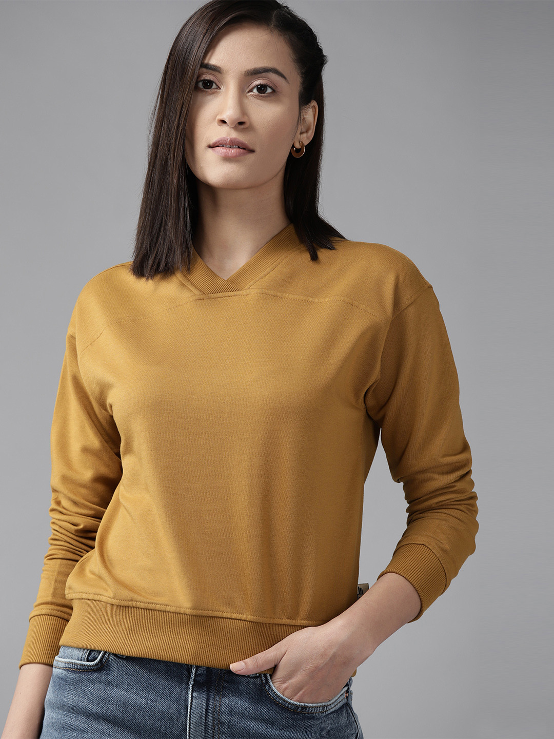 

Roadster Women Khaki Solid V-Neck Sweatshirt