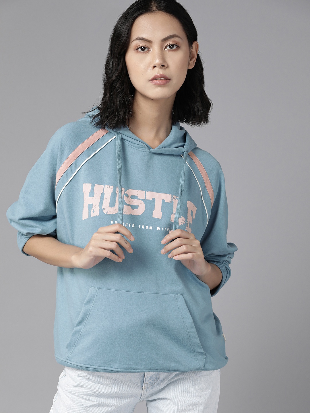 

The Roadster Lifestyle Co. Women Blue Printed Hooded Sweatshirt