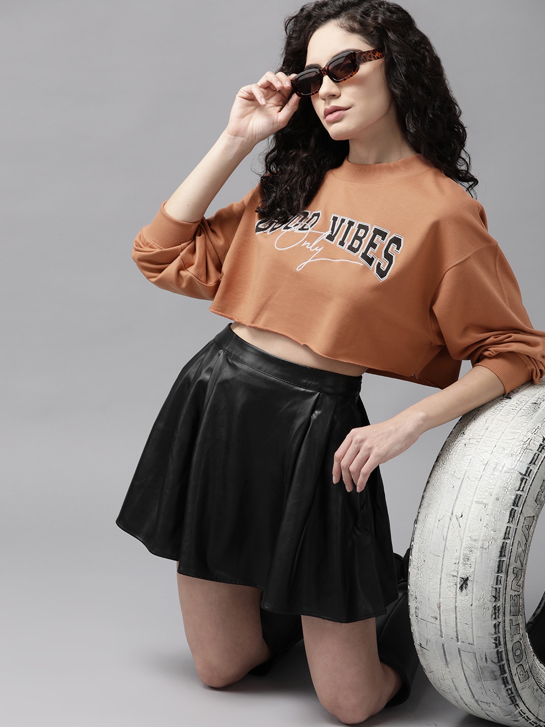 

Roadster Women Rust Orange Printed Crop Sweatshirt