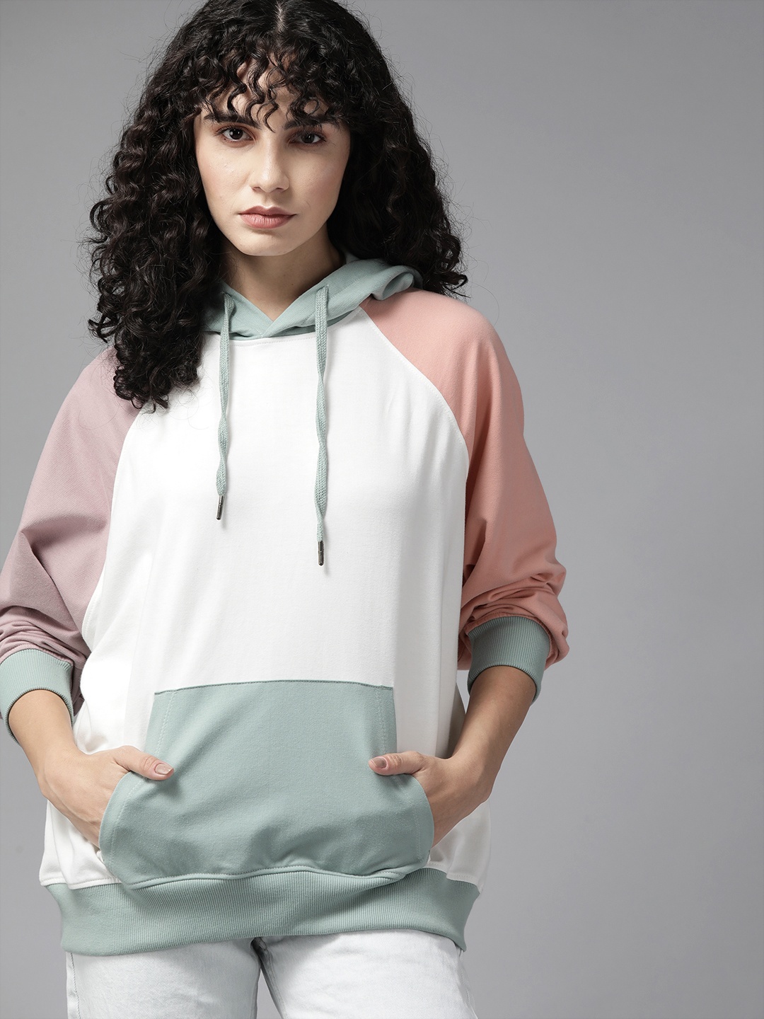 

The Roadster Lifestyle Co. Women White & Blue Colourblocked Hooded Sweatshirt