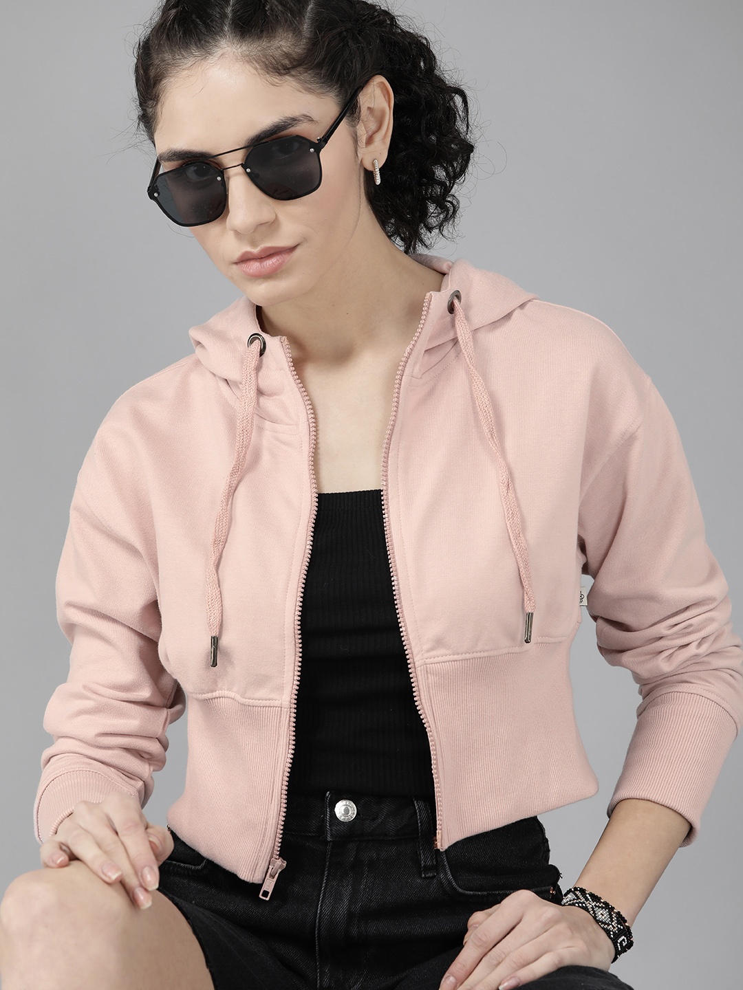 

Roadster Women Pink Hooded Front-Open Crop Jacket