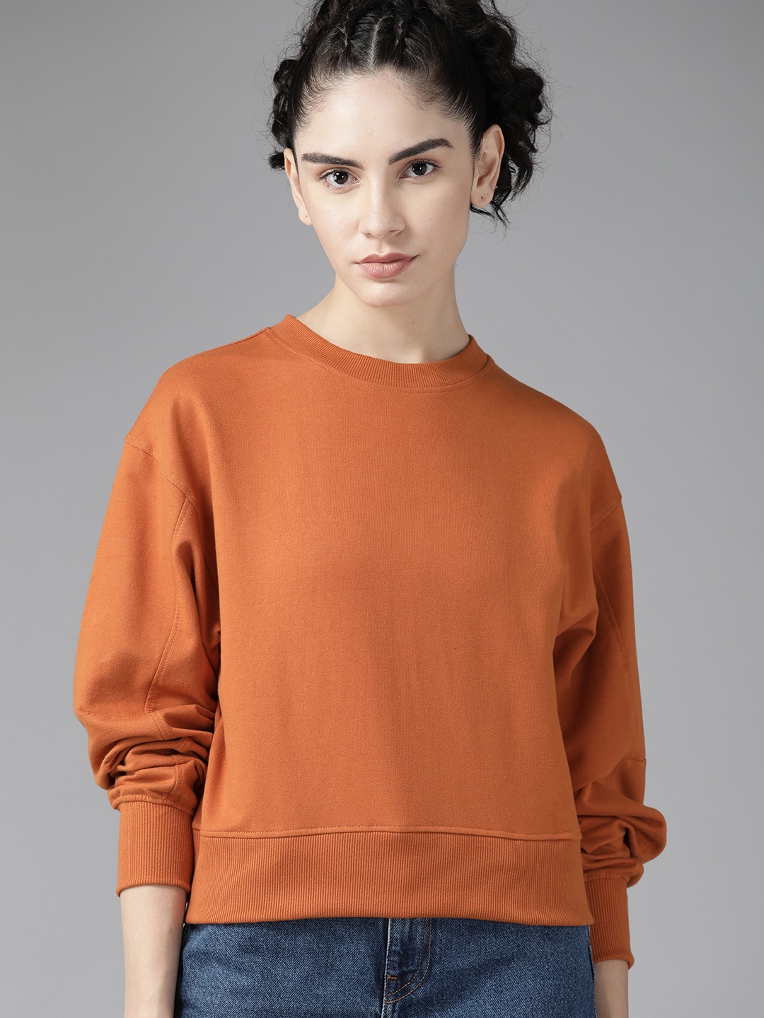 

Roadster Women Rust Orange Drop-Shoulder Sleeves Sweatshirt
