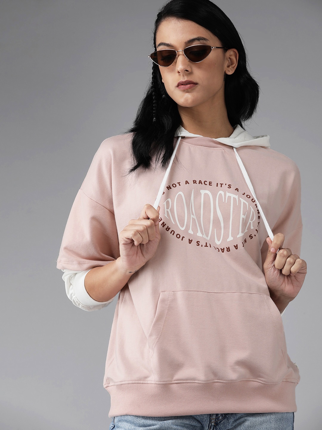 

The Roadster Lifestyle Co. Women Pink Brand Logo Printed Oversized Hooded Sweatshirt