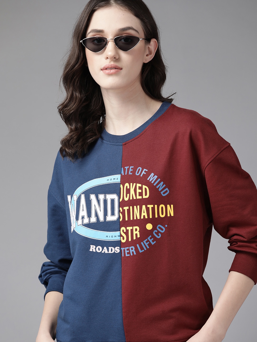 

The Roadster Lifestyle Co. Women Maroon & Teal Blue Colourblocked Sweatshirt