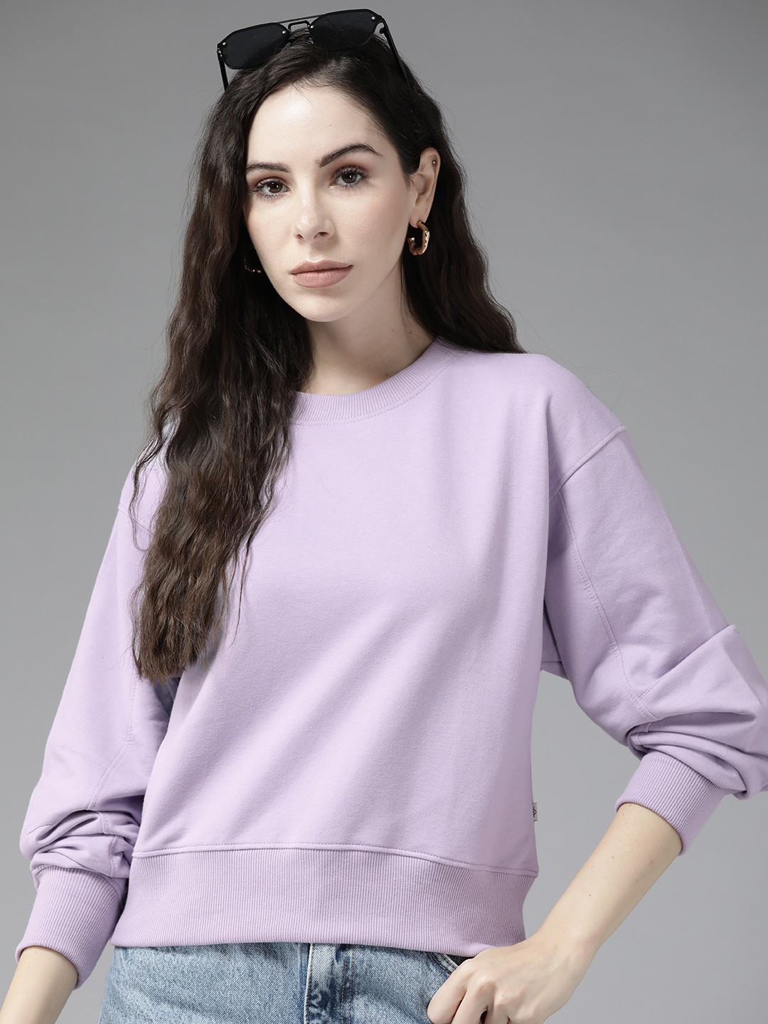 

Roadster Women Lavender Solid Drop-Shoulder Sleeve Detail Sweatshirt