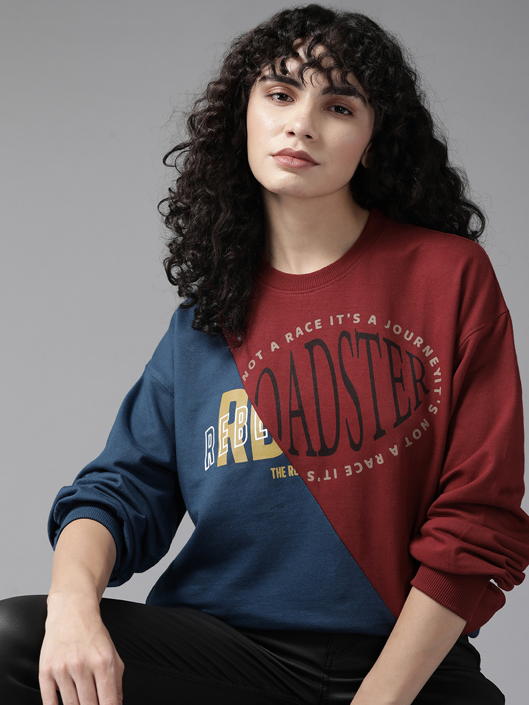 

The Roadster Lifestyle Co. Women Maroon & Blue Colourblocked Sweatshirt