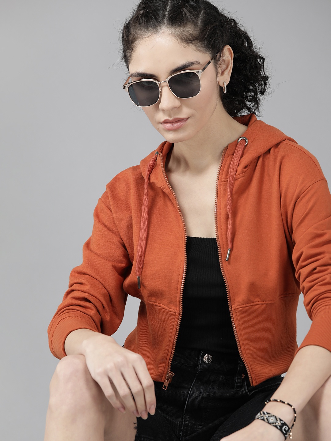 

Roadster Women Rust Orange Hooded Open-Front Crop Jacket
