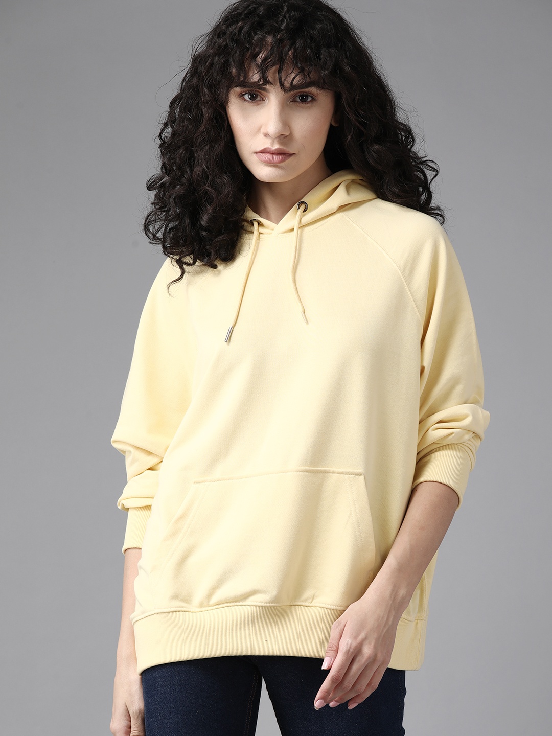 

The Roadster Lifestyle Co. Women Yellow Raglan Sleeves Hooded Oversized Sweatshirt