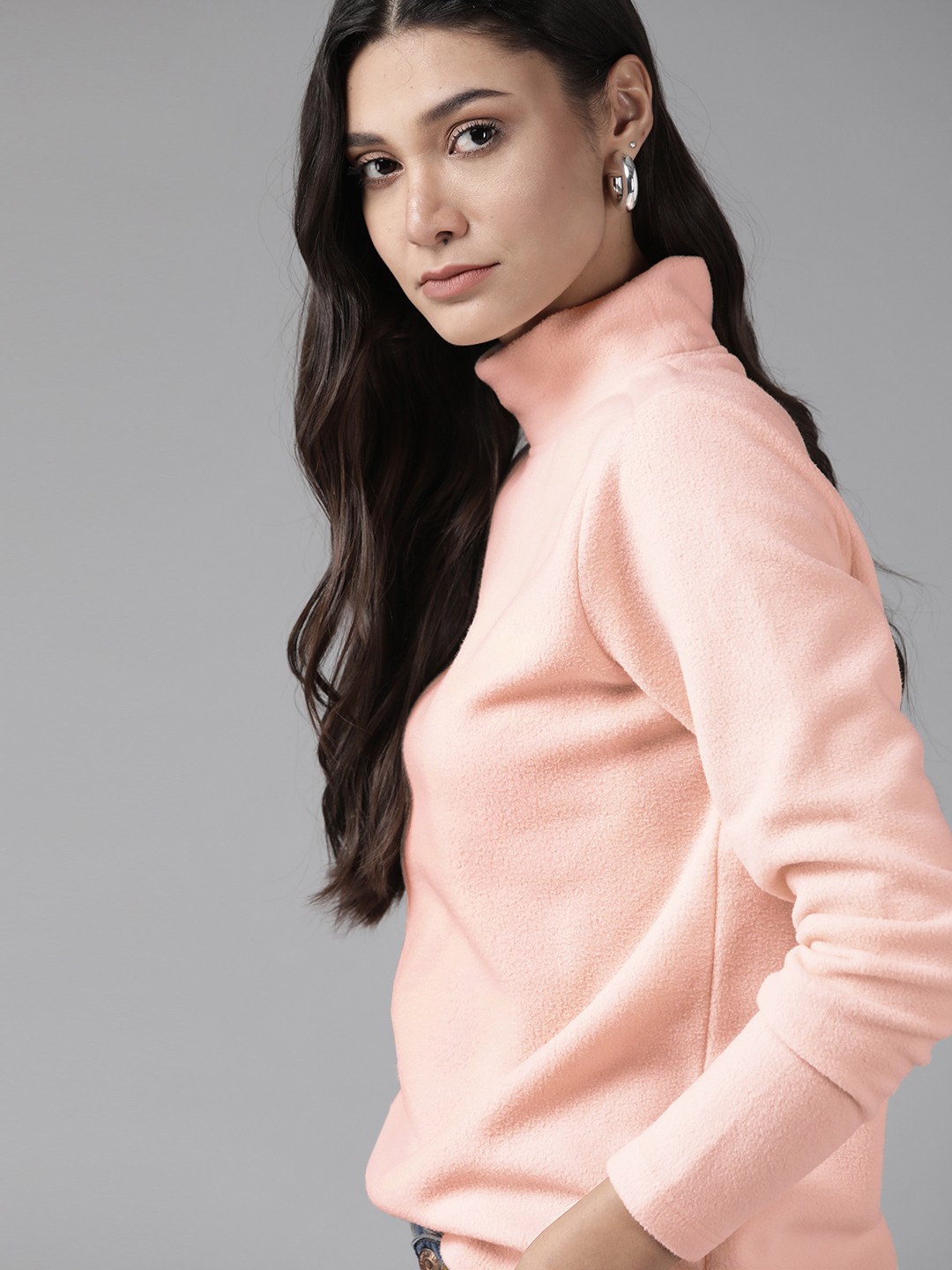 

Roadster Women Peach-Coloured Solid Fleece Sweatshirt