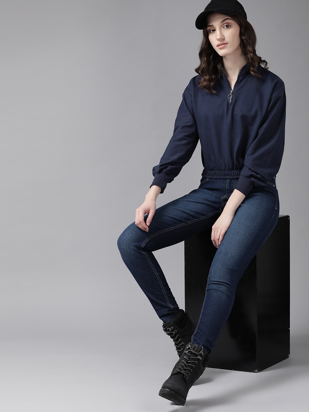 

The Roadster Lifestyle Co. Women Navy Blue Solid Half Zipper Sweatshirt