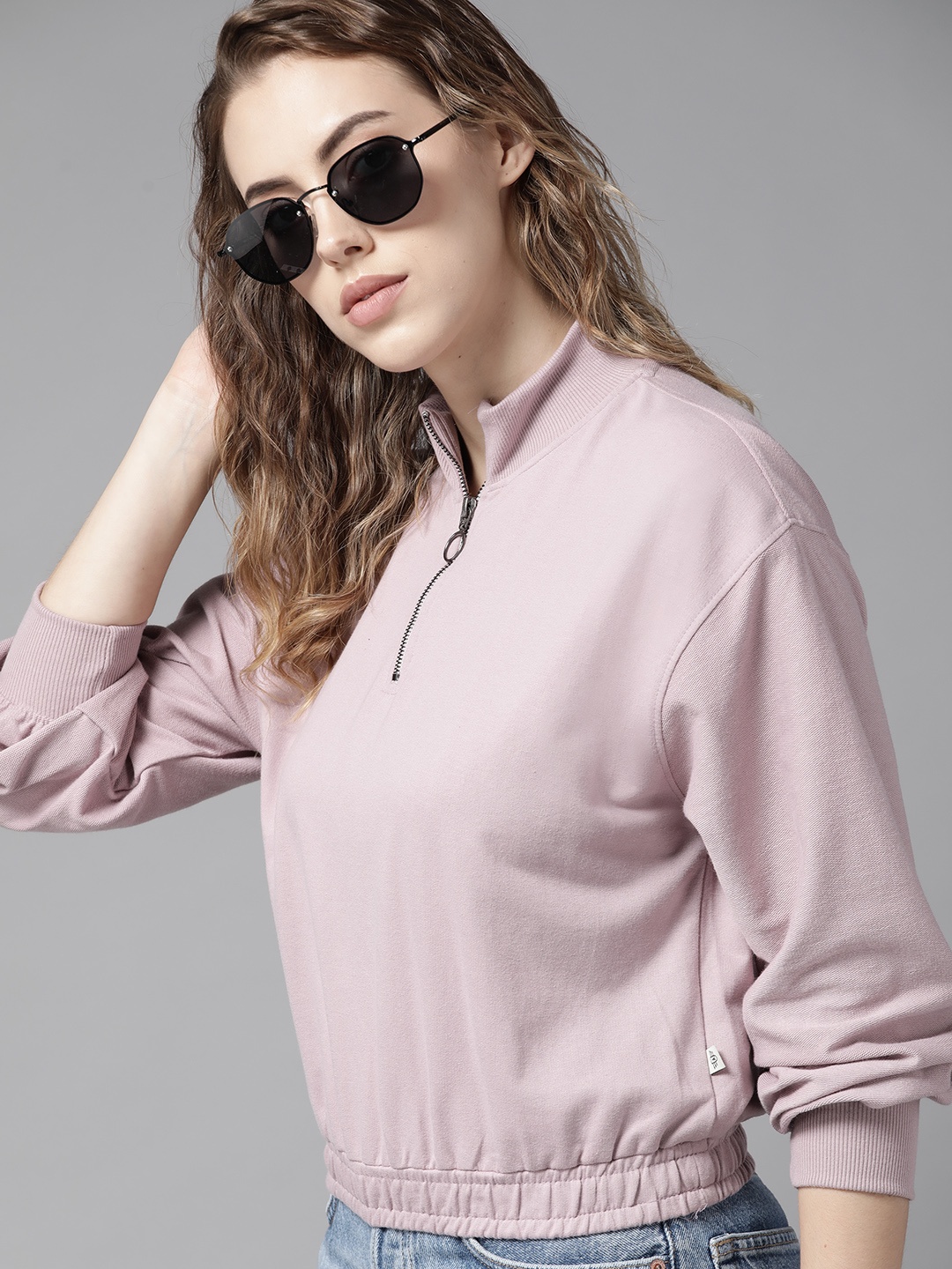 

Roadster Women Lavender Solid Mock Collar Sweatshirt