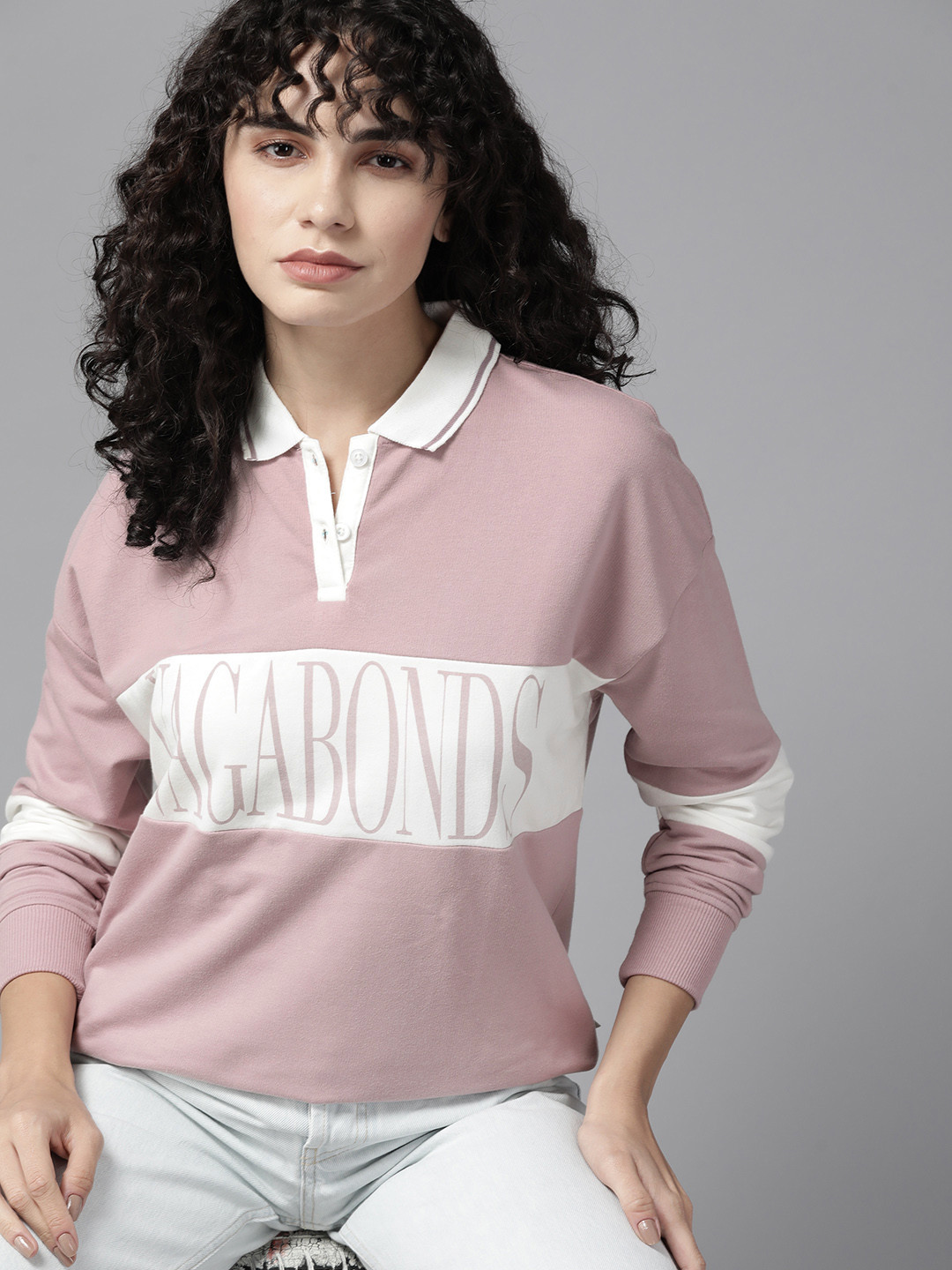 

The Roadster Lifestyle Co. Women Lavender & White Colourblocked Printed Polo Sweatshirt
