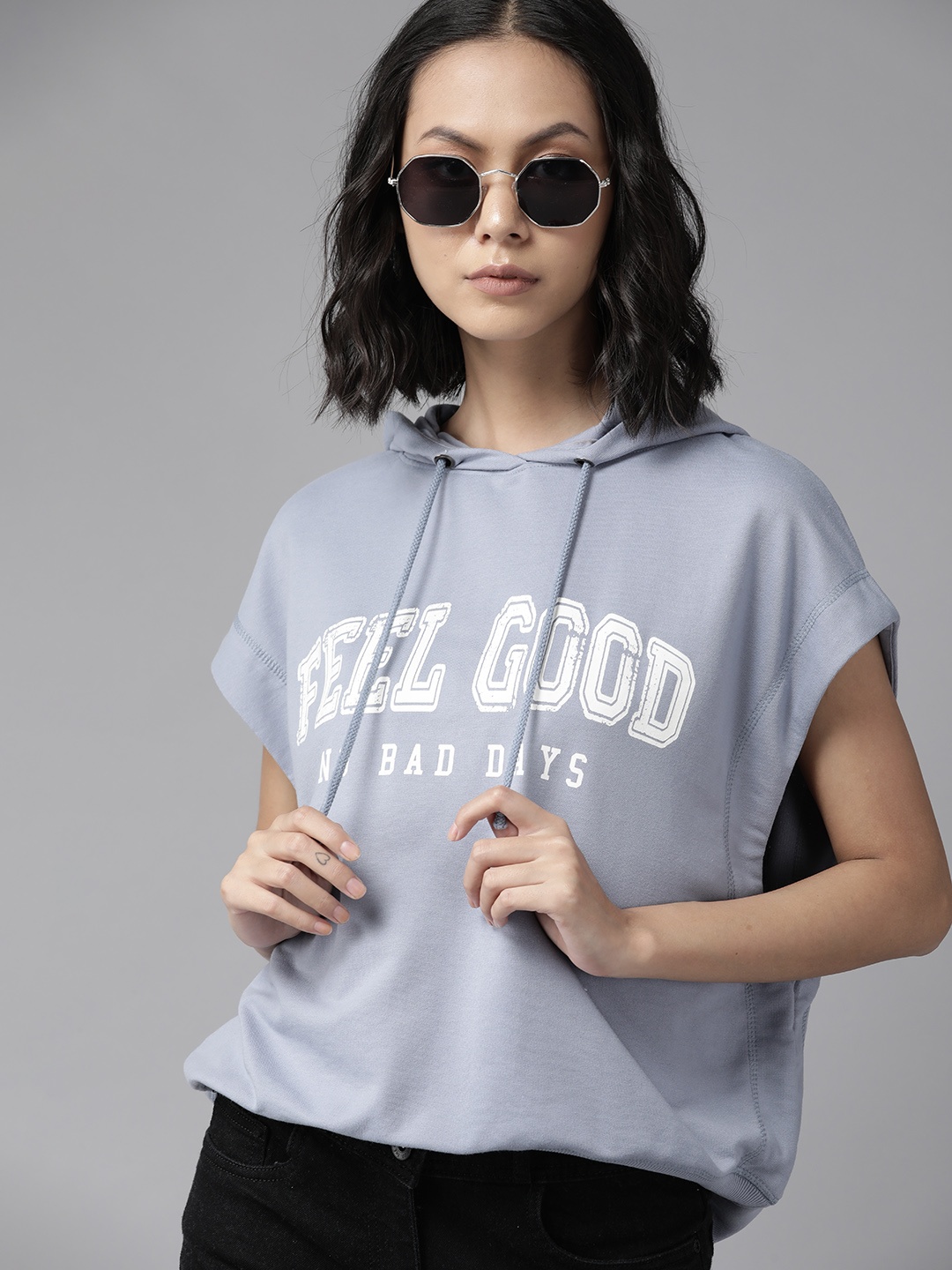

The Roadster Lifestyle Co. Women Powder Blue & White Printed Oversized Hooded Sweatshirt