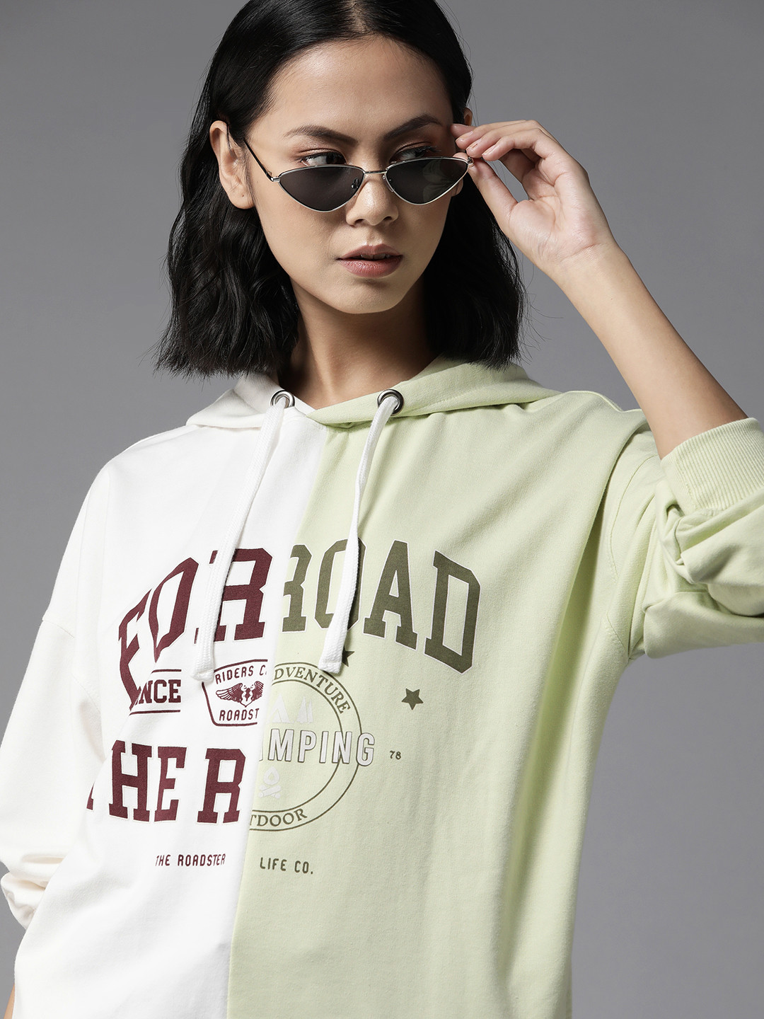 

The Roadster Lifestyle Co. Women Green & White Colourblocked Printed Hooded Sweatshirt