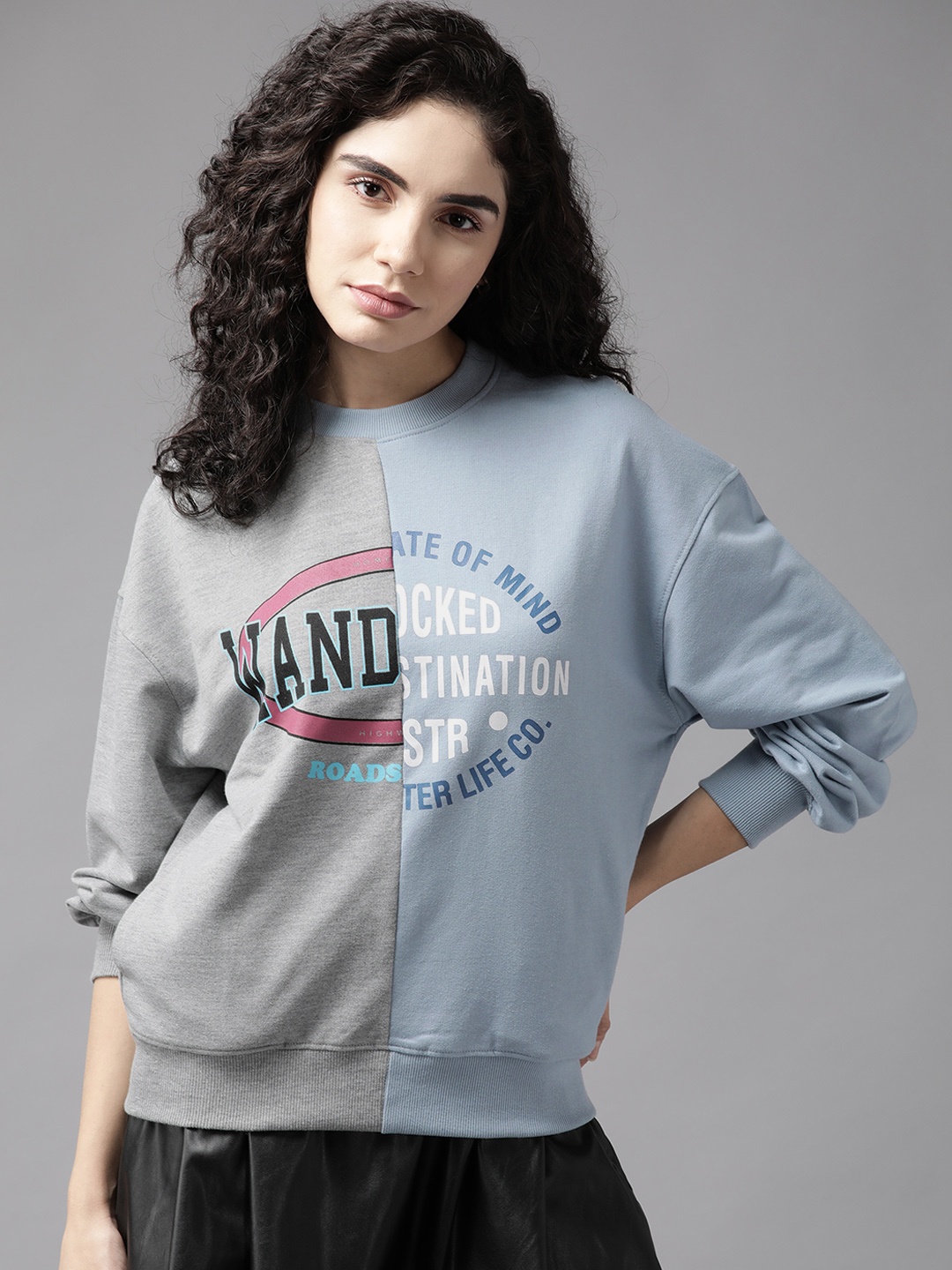 

The Roadster Lifestyle Co. Women Blue & Grey Colourblocked Printed Sweatshirt