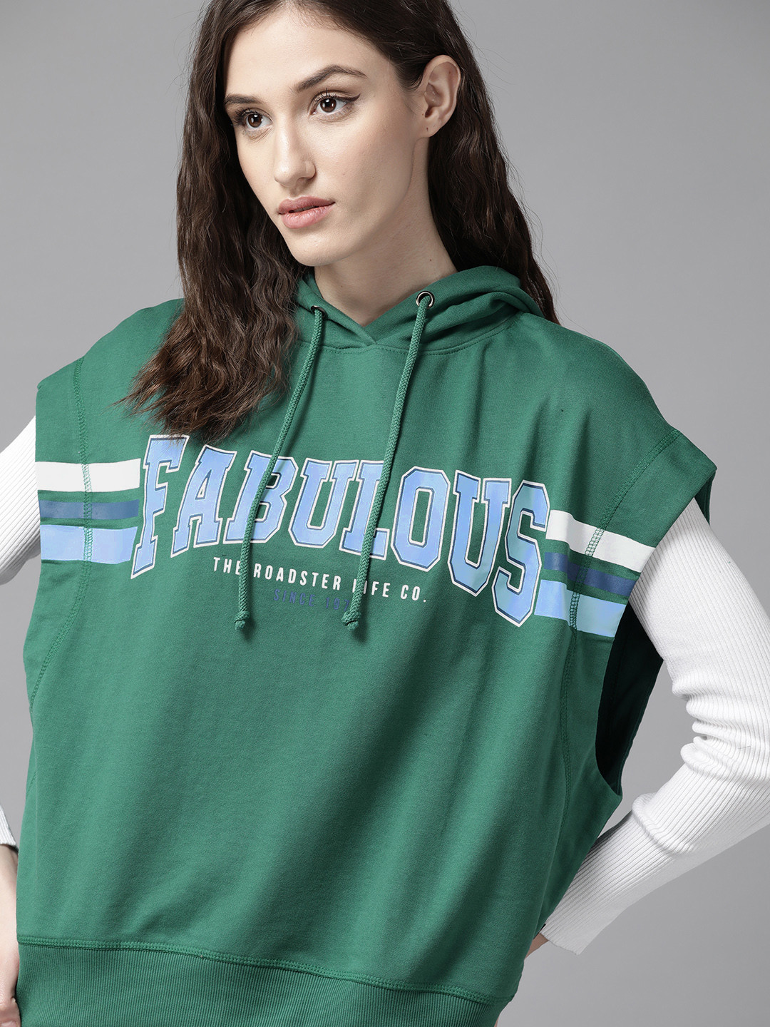 

The Roadster Lifestyle Co. Women Green & Blue Printed Hooded Sweatshirt