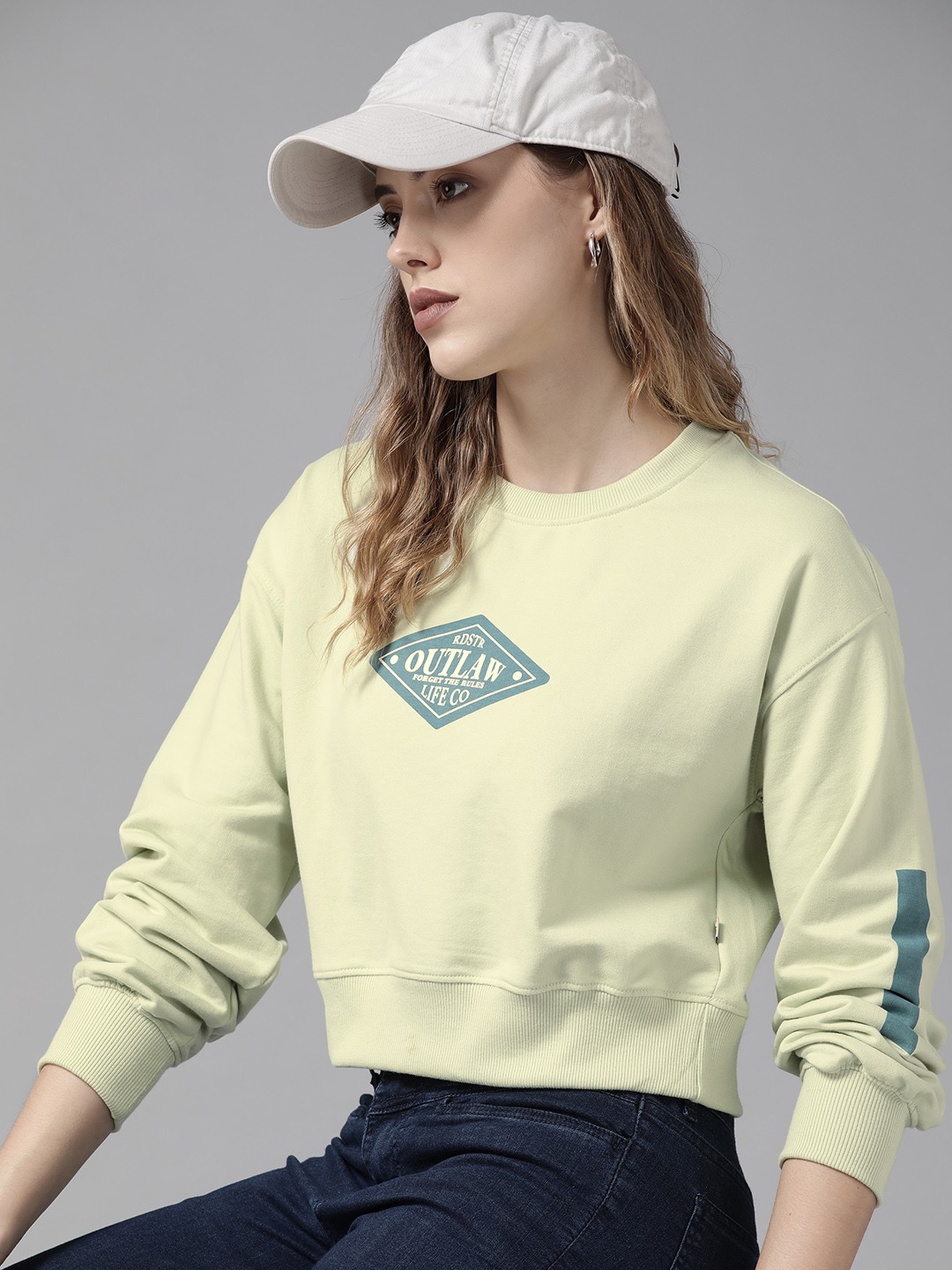 

Roadster Women Green & White Printed Crop Sweatshirt