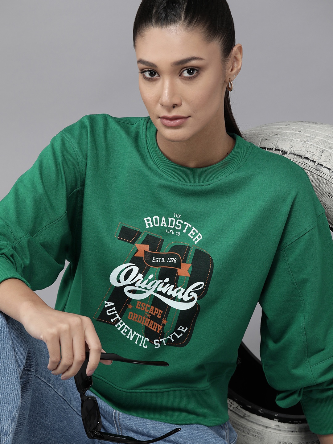 

Roadster Women Green Typography Printed Sweatshirt