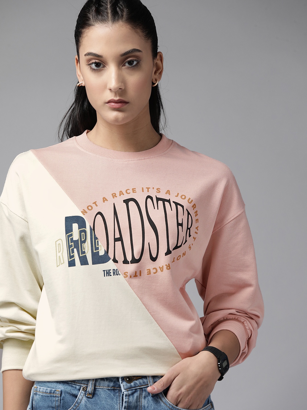 

Roadster Women Beige Colourblocked Sweatshirt