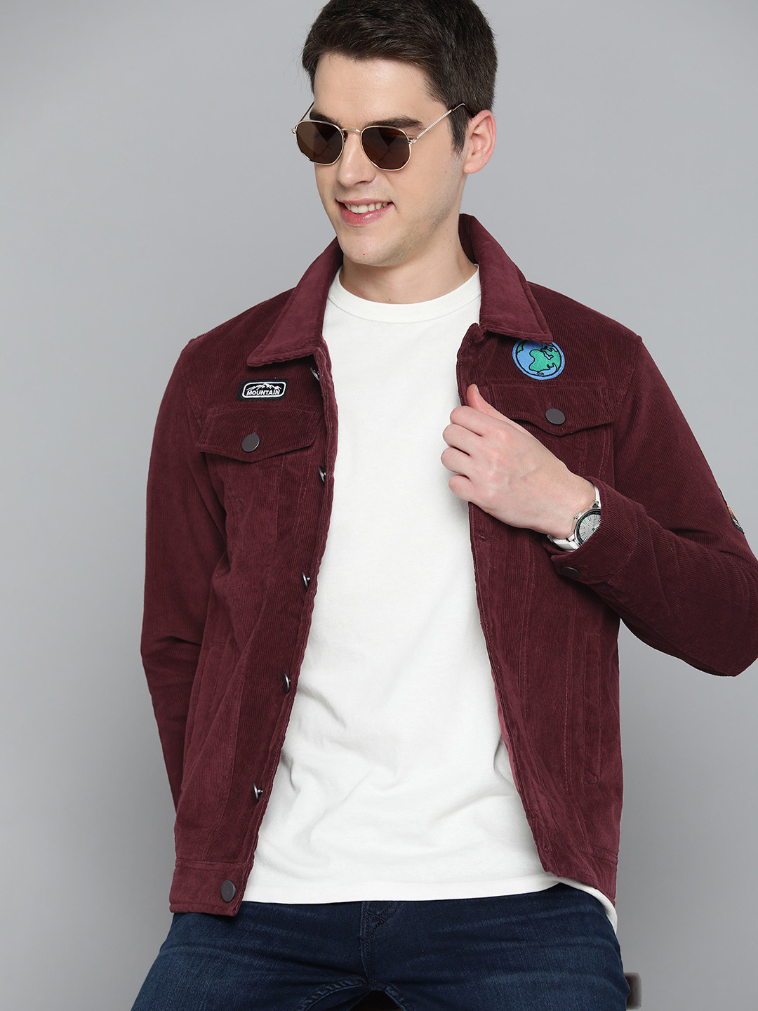 

HERE&NOW Men Maroon Solid Pure Cotton Corduroy Tailored Jacket