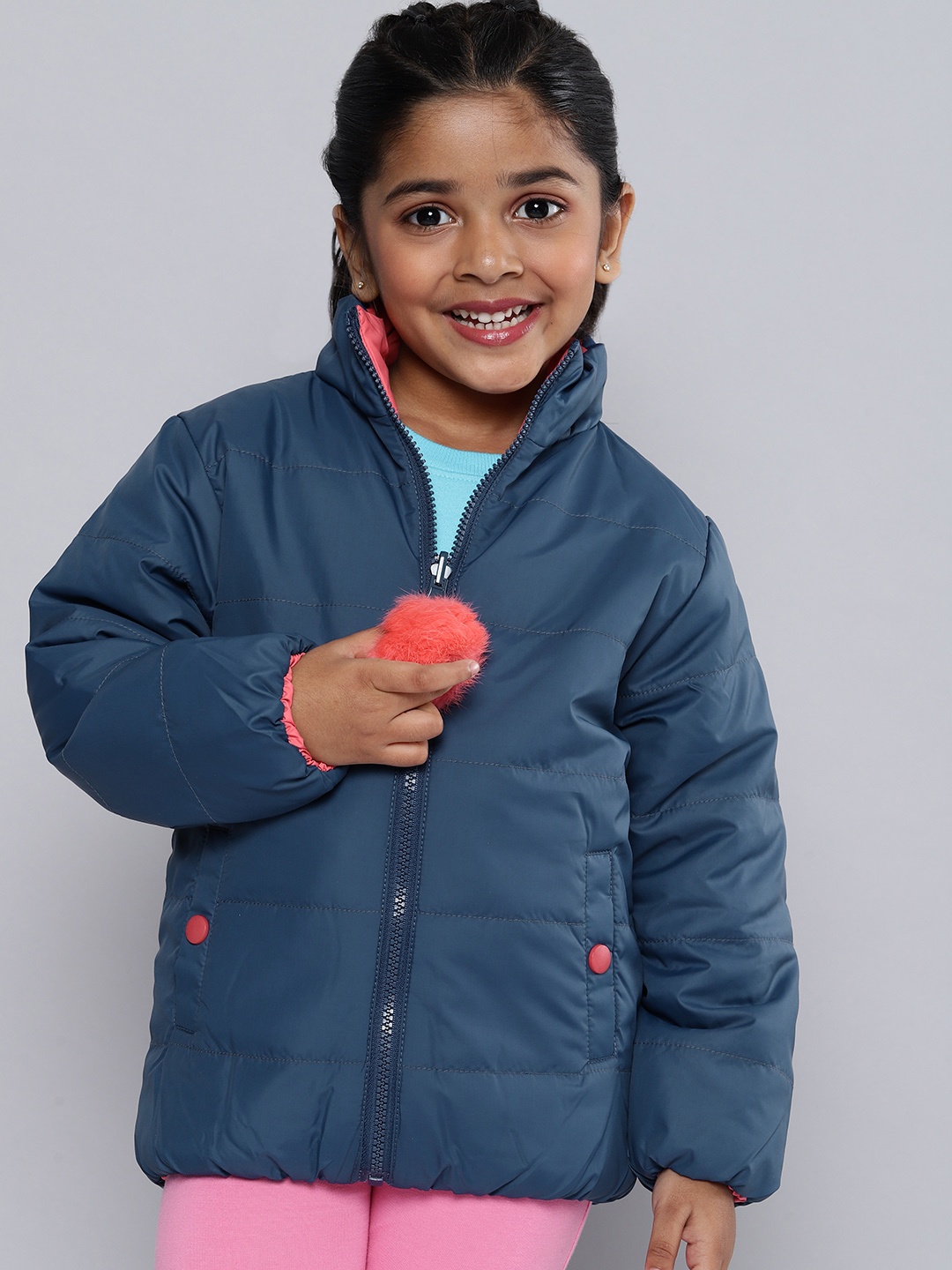 

HERE&NOW Girls Navy Blue & Coral Pink Solid Reversible Padded Jacket with Pom-Pom