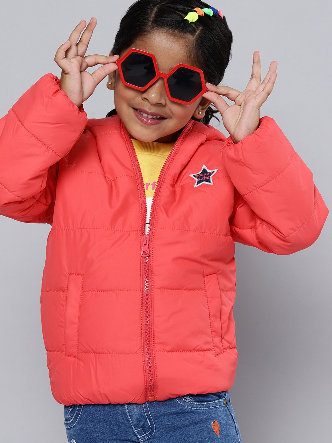 

HERE&NOW Girls Coral Pink Solid Padded Jacket with Applique Detail