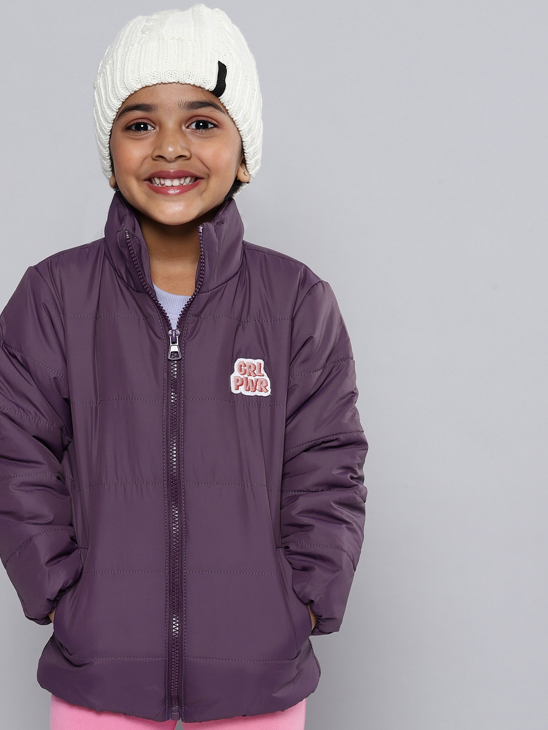 

HERE&NOW Girls Purple Solid Padded Jacket with Applique Detail