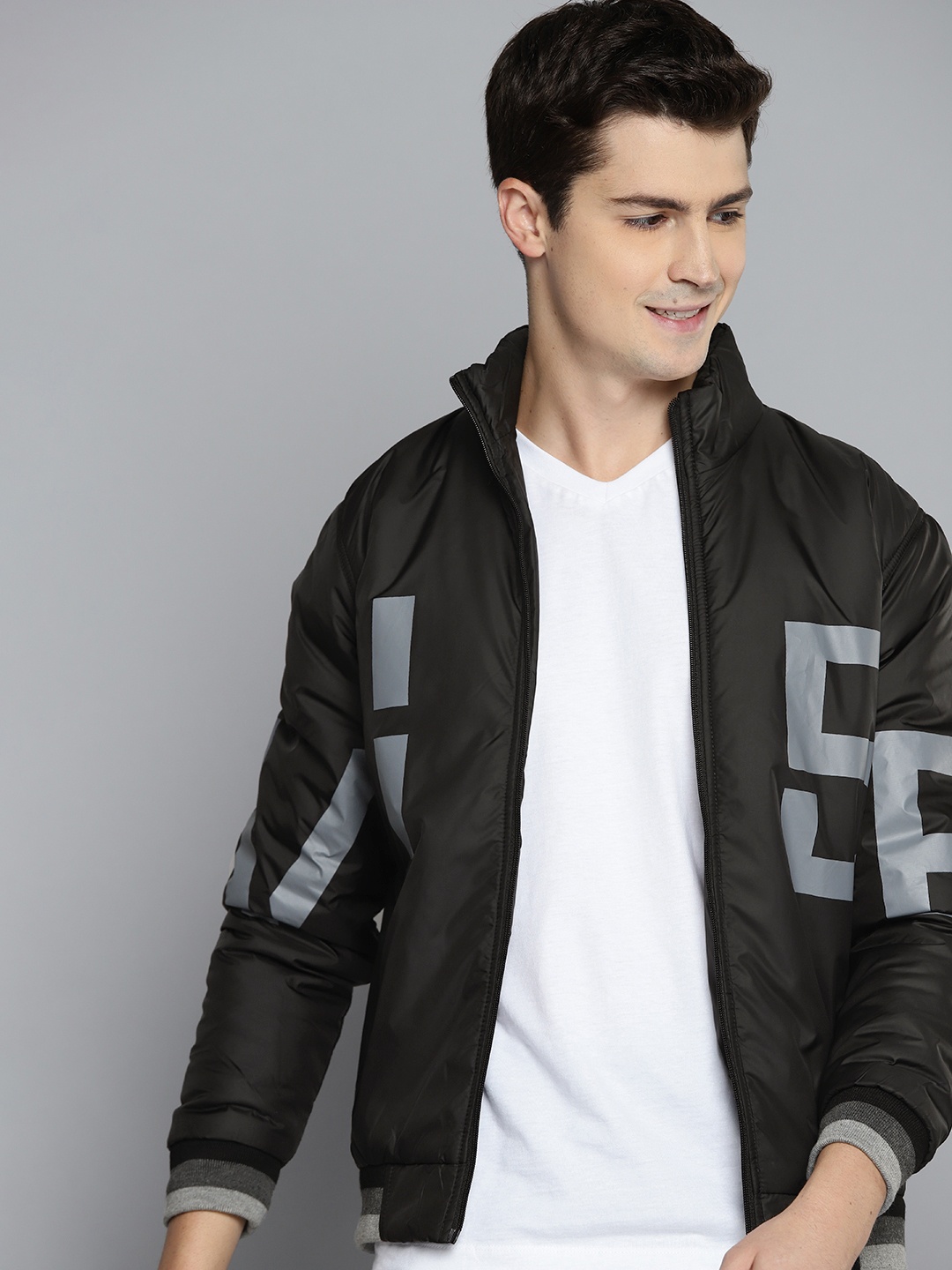 

HERE&NOW Men Black & Grey Typography Bomber Jacket