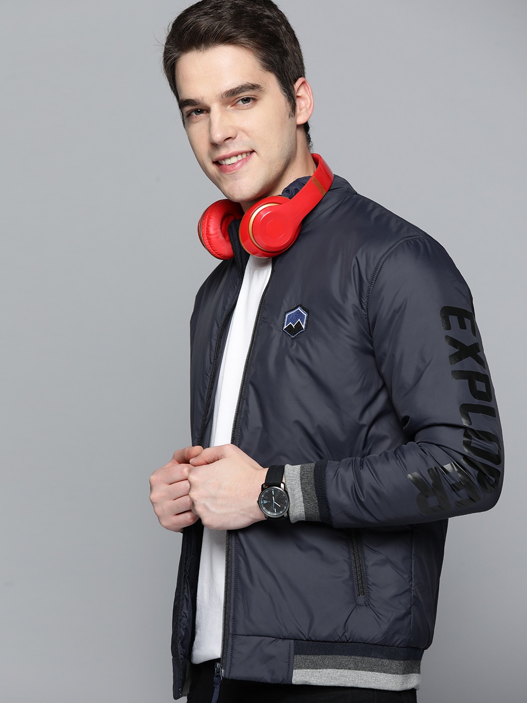 

HERE&NOW Men Navy Blue Solid Bomber Jacket