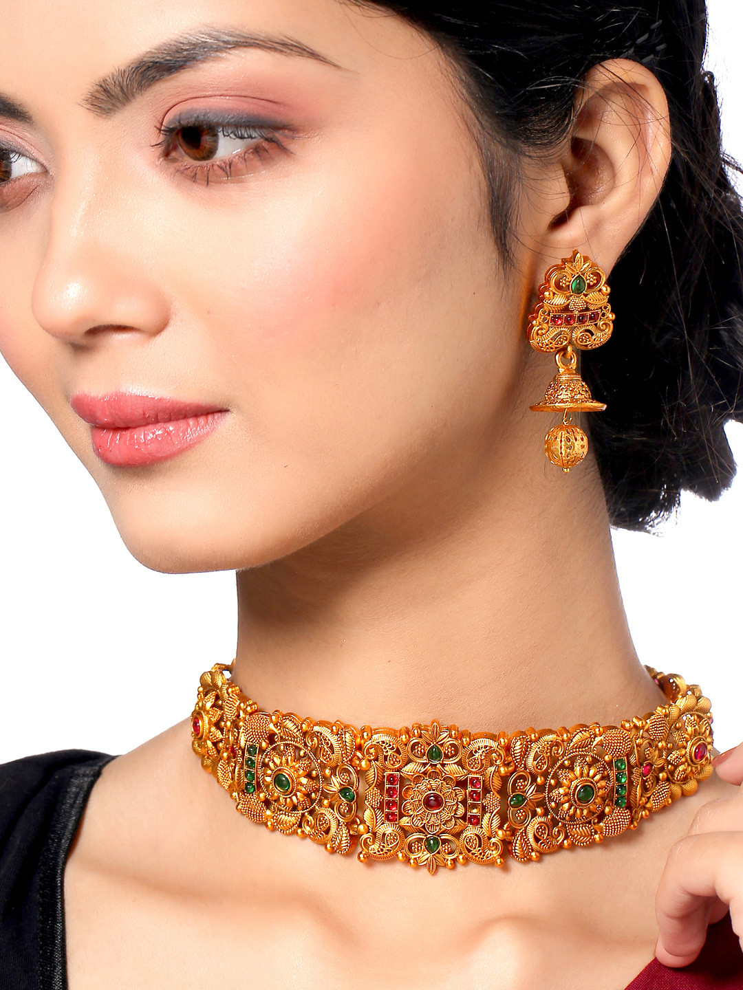 

Yellow Chimes Gold-Plated Red & Green Stone-Studded Temple Jewellery Set