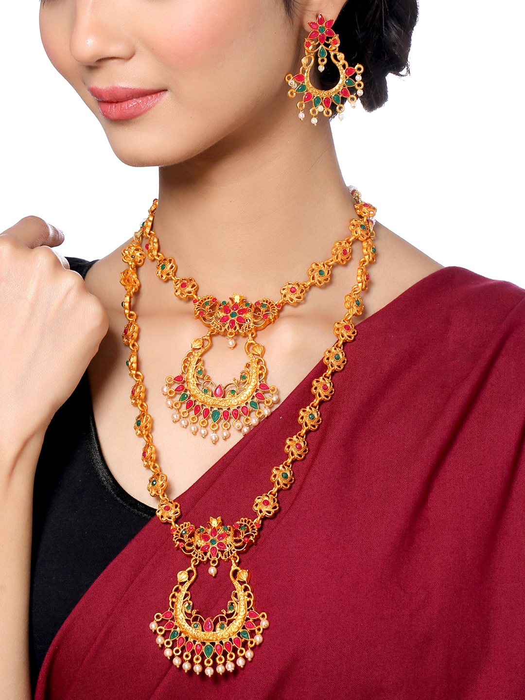 

Yellow Chimes Gold-Plated Green & Red Stone-Studded Temple Jewellery Set