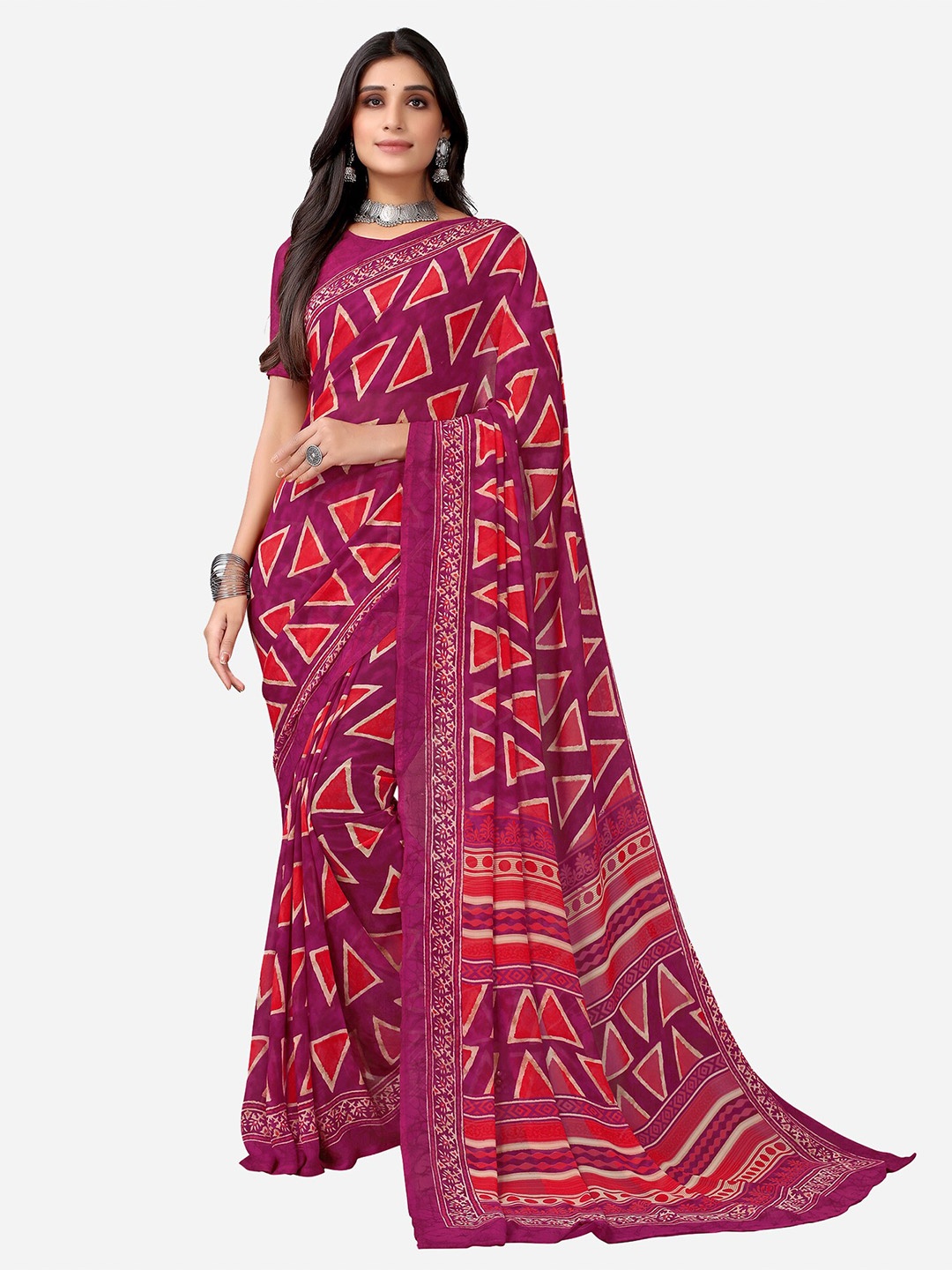 

Satrani Fuchsia Pink Printed Poly Georgette Saree