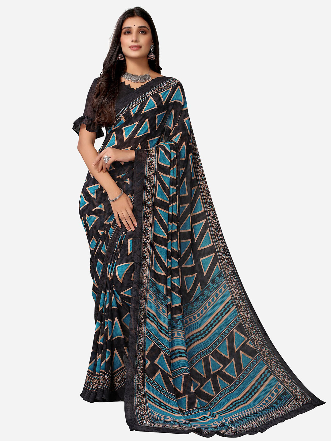 

Satrani Black & Blue Geometric Printed Saree
