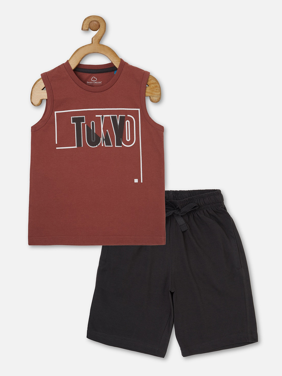 

Sweet Dreams Boys Maroon & Black Printed Pure Cotton Night suit