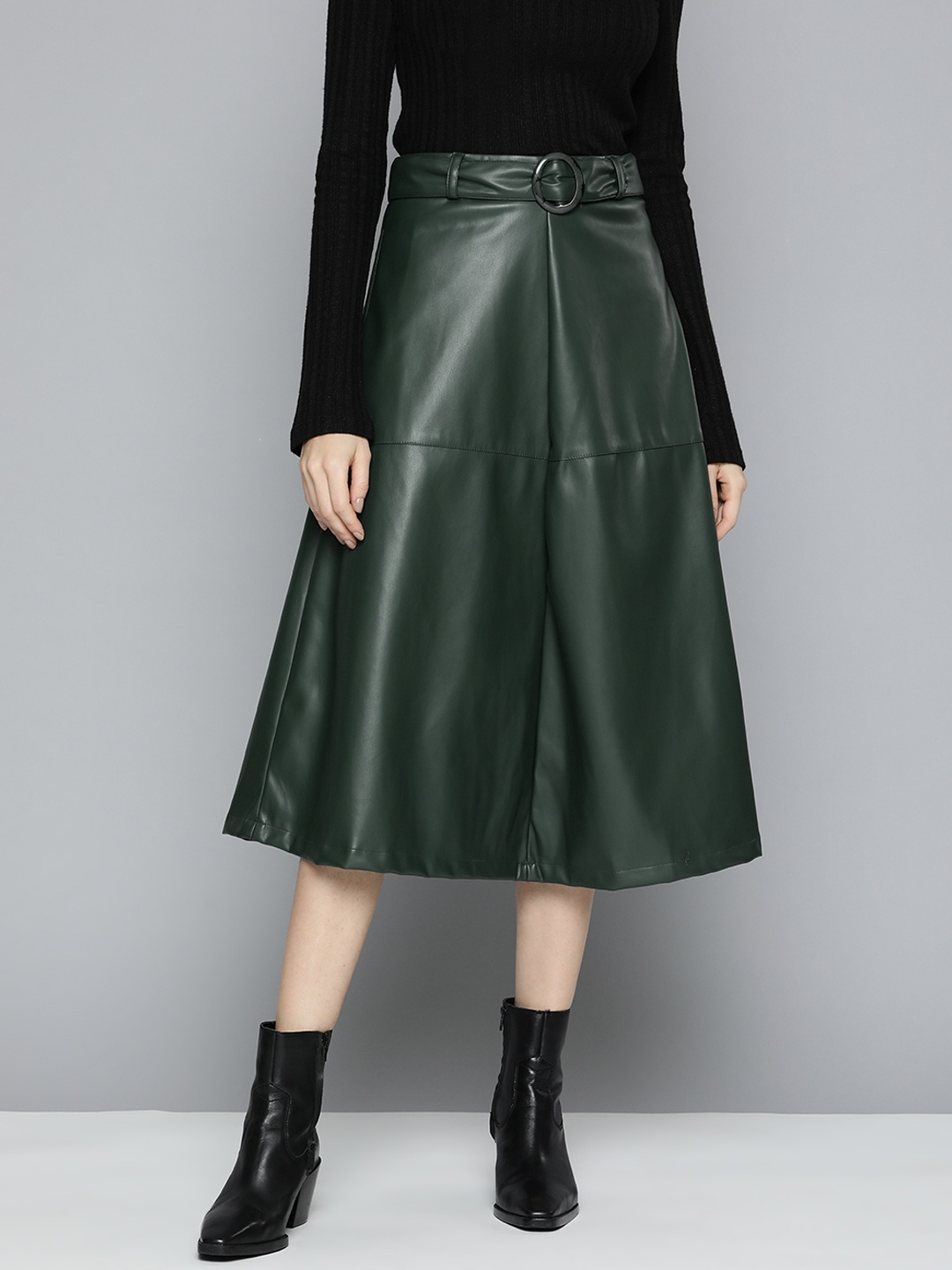 

Chemistry Women Bottle Green Faux Leather A-Line Midi Skirt