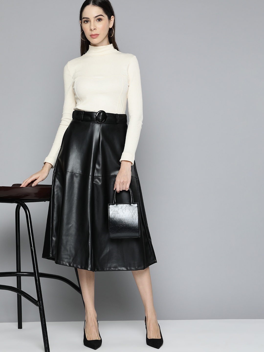 

Chemistry Women Black Faux Leather A-Line Midi Skirt