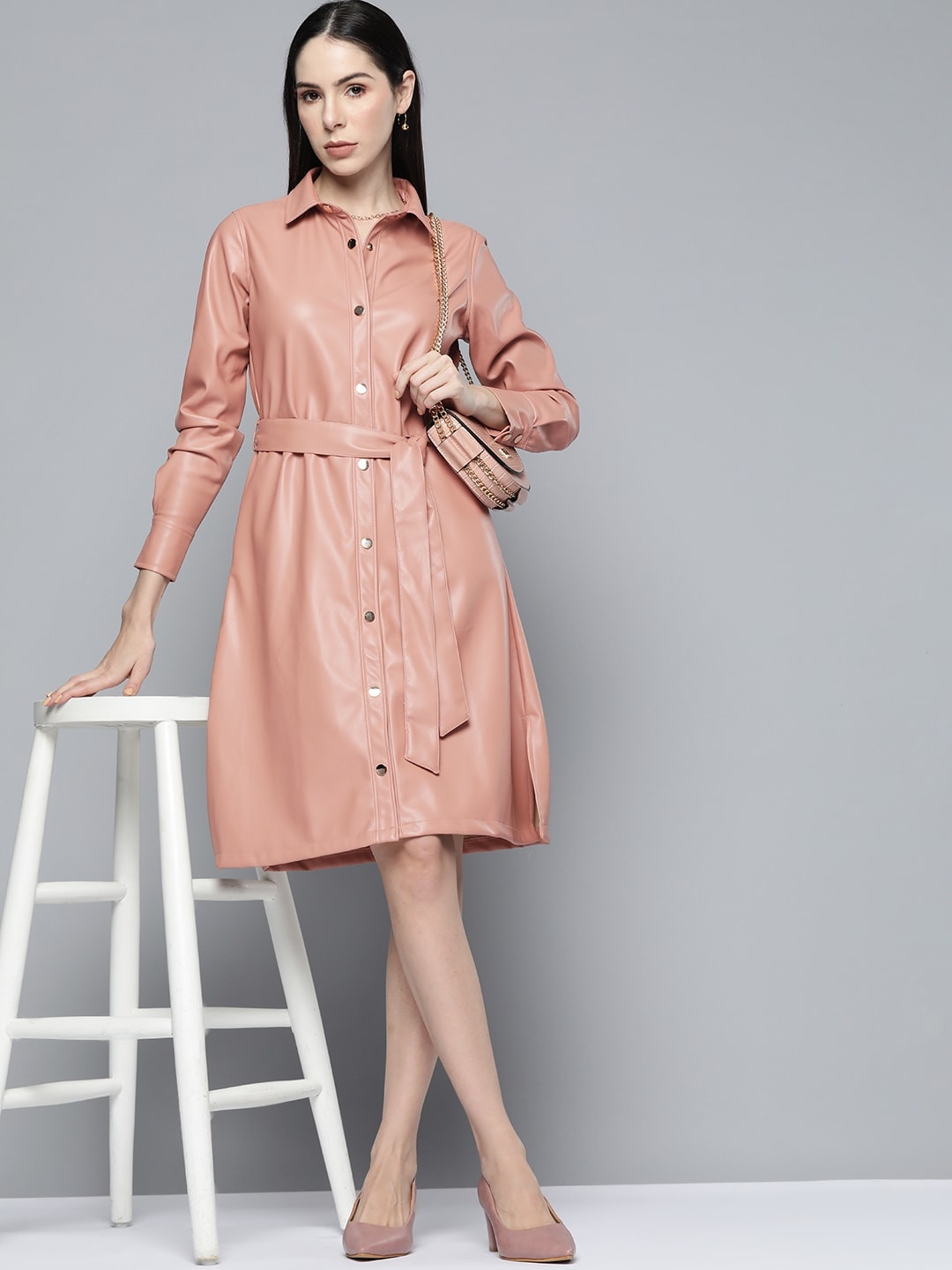 

Chemistry Dusty Pink Solid Faux Leather Shirt Dress With Tie-Up Belt, Rose