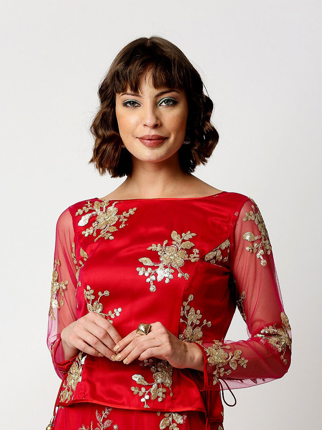 

Ira Soleil Pink Floral Print Satin Net Top