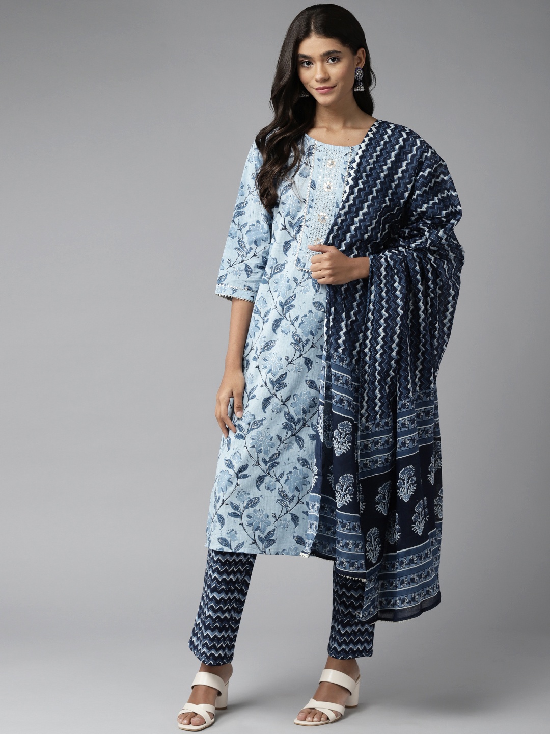 

Yufta Women Blue Ethnic Motif Printed Mirror Work Pure Cotton Kurta Set