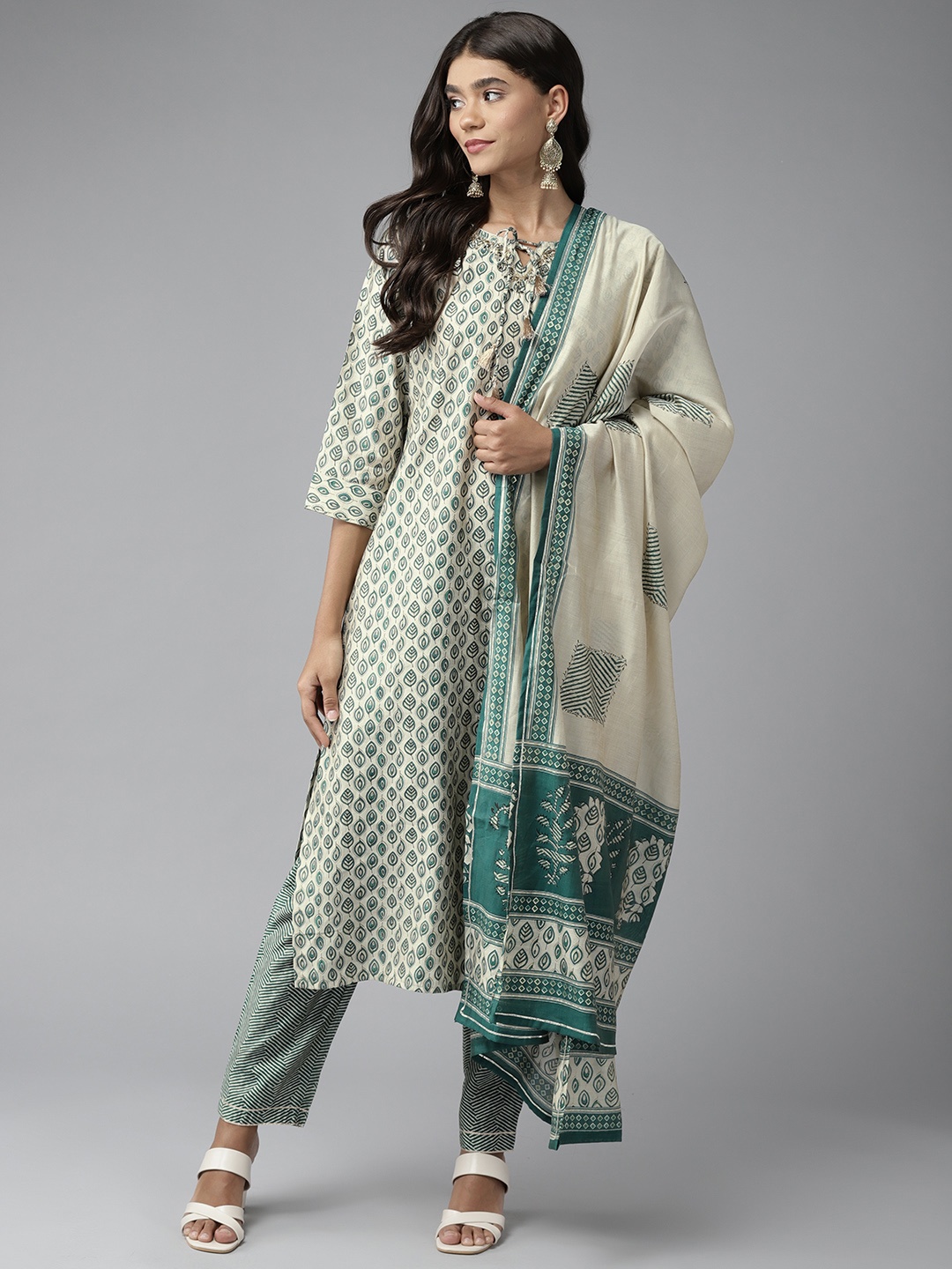 

Yufta Women Off White Ethnic Motifs Yoke Design Aari Work Kurta with Trousers & Dupatta