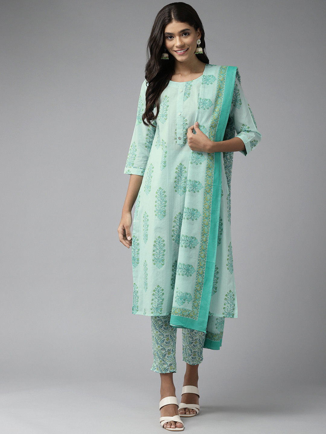 

Yufta Women Sea Green Ethnic Motifs Printed Sequinned Pure Cotton Kurta with Trousers & With Dupatta