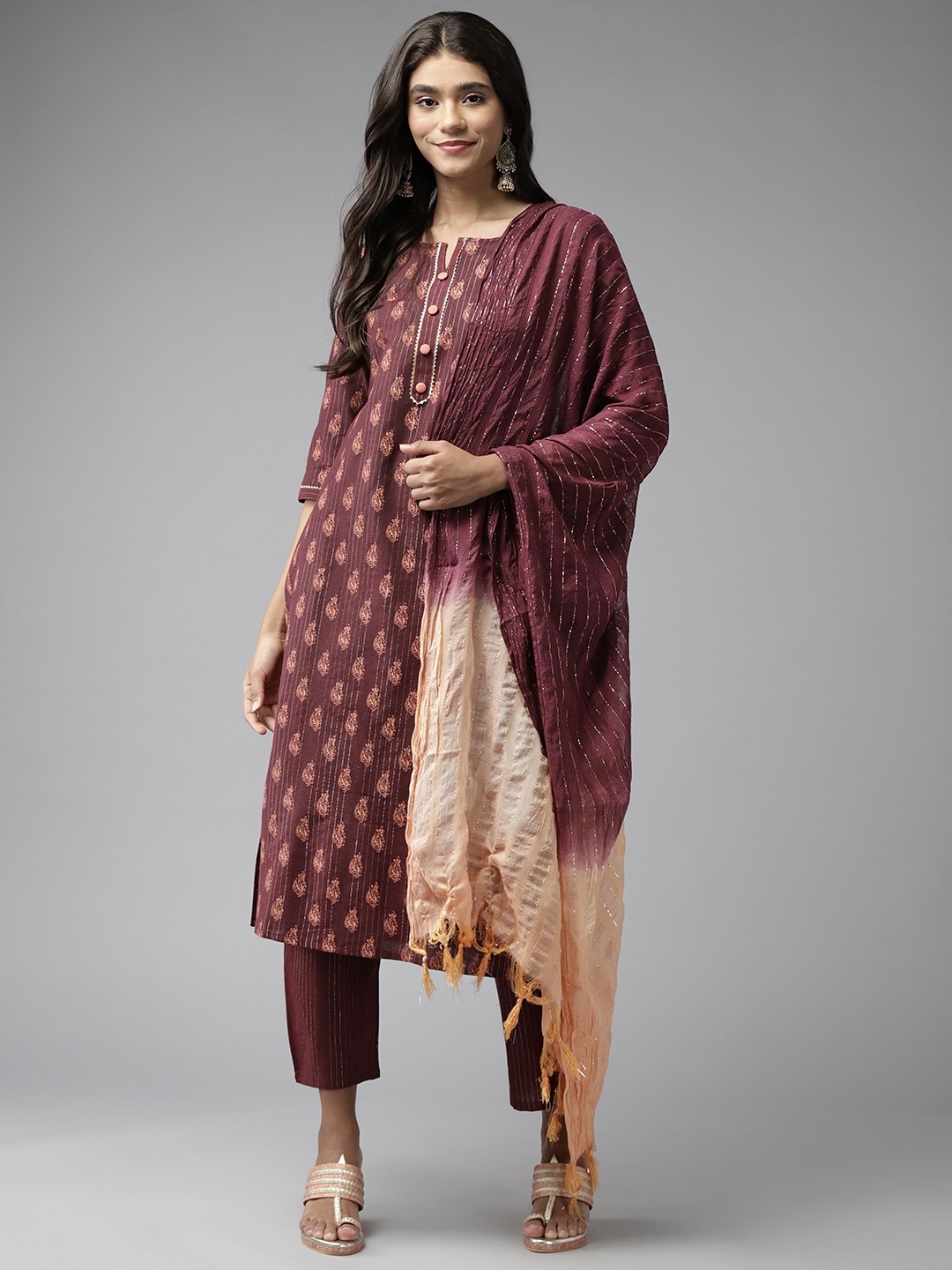 

Yufta Women Burgundy Ethnic Motifs Printed Gotta Patti Pure Cotton Kurta with Trousers & With Dupatta