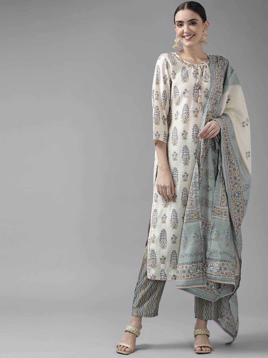

Yufta Women Off-White & Blue Ethnic Motifs Printed Kurta with Trousers & Dupatta