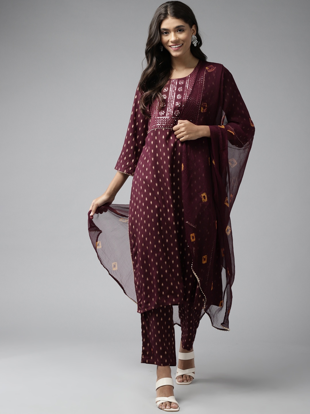 

Yufta Women Burgundy Printed Sequinned Kurta with Trousers & With Dupatta