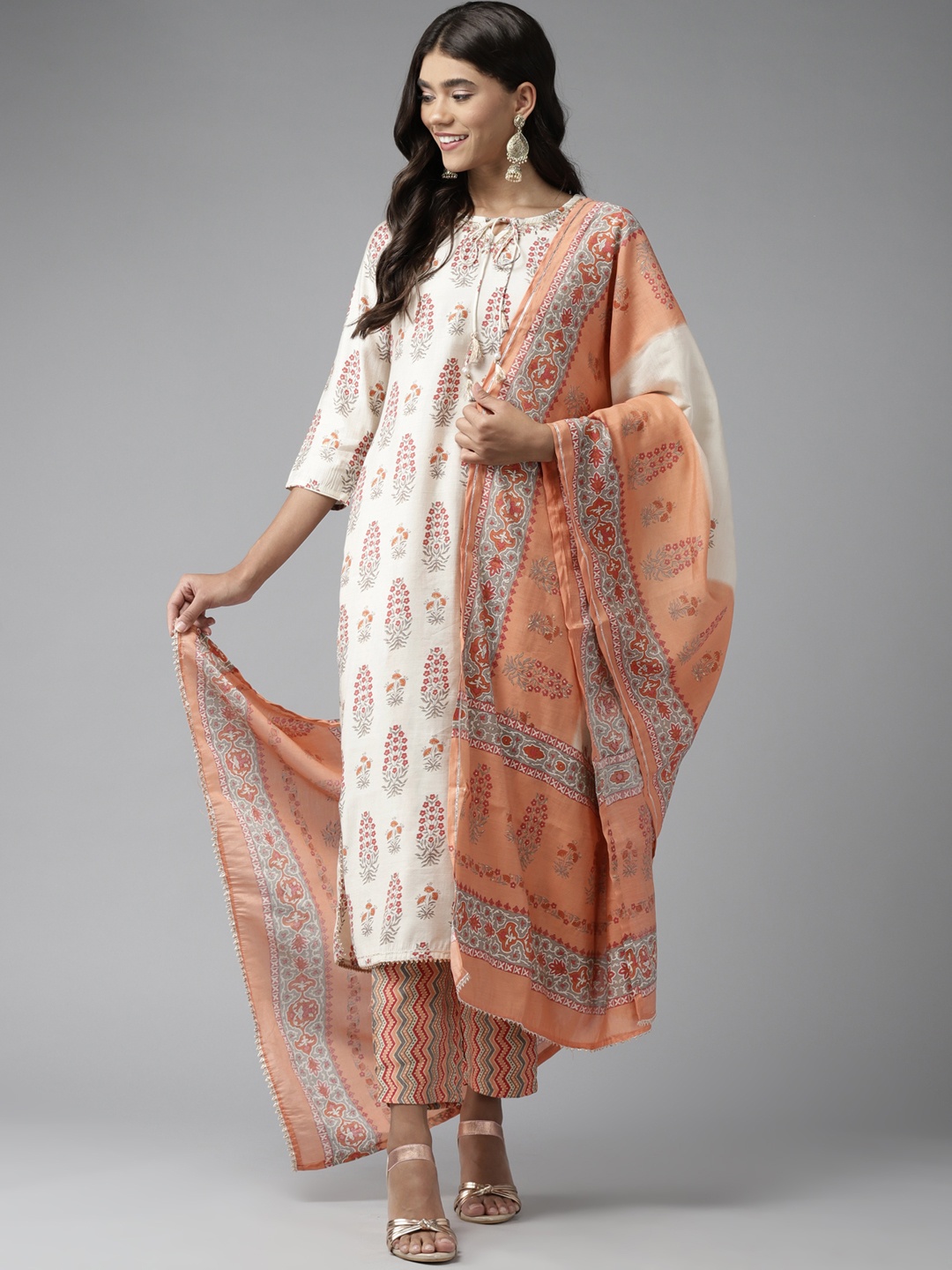 

Yufta Women Off White Ethnic Motif Printed Kurta with Trousers & Dupatta