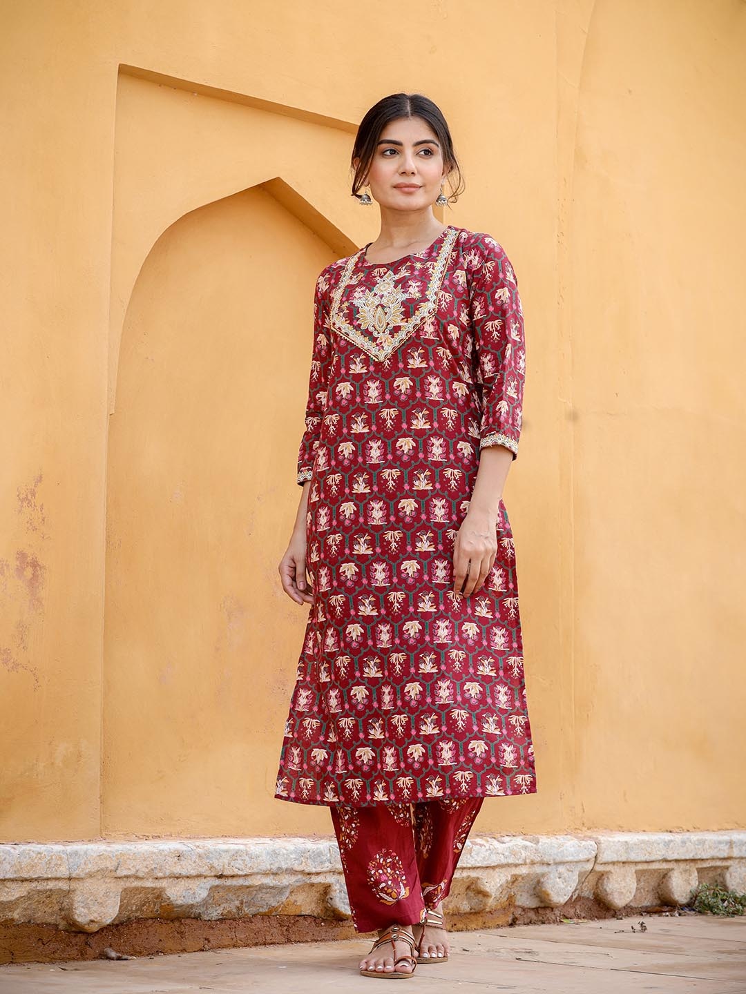 

Yufta Women Maroon Ethnic Motifs Printed Pure Cotton Kurta with Trousers