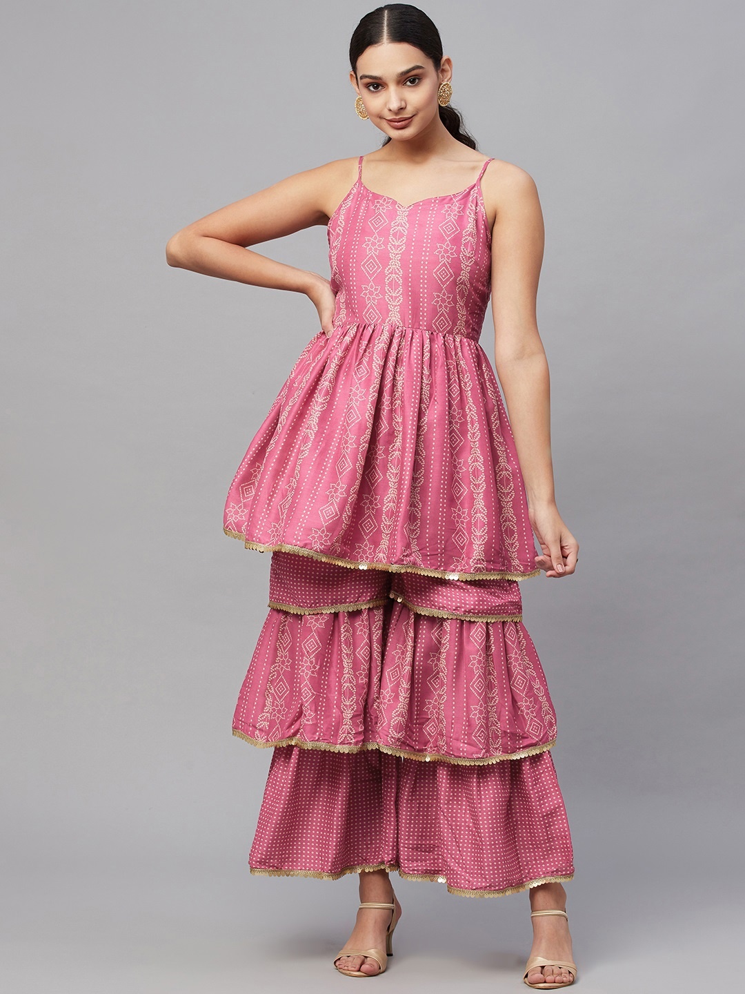 

Myshka Women Pink Ethnic Motifs Printed Pleated Pure Silk Kurti with Sharara