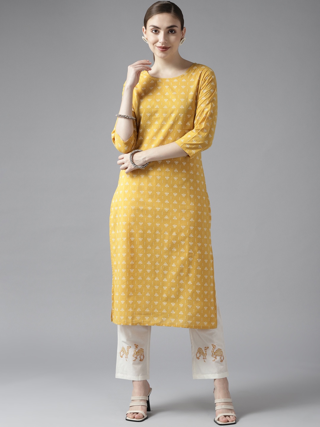 

Yufta Women Mustard Yellow Ethnic Motifs Printed Pure Cotton Kurta with Trousers